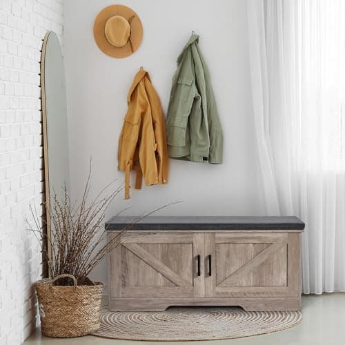 HOMSHO 2-Tier Storage Bench, 39.4" Wide Shoe Bench with Padded Seat Cushion, Entryway Bench with 2 Barn Doors and Adjustable Shelf, Greige 7