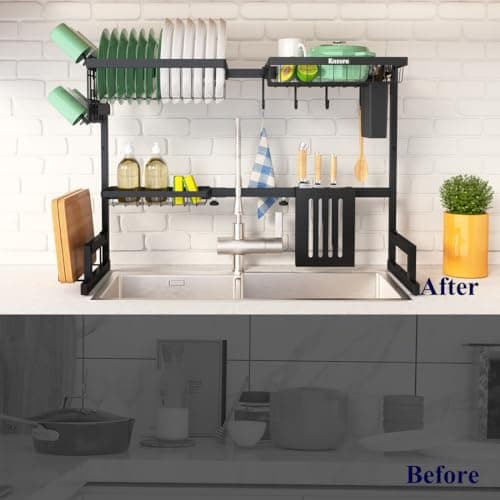 Kitsure Over The Sink Dish Drying Rack - 23.6'' to 35''x21.2'', for Kitchen with Large Capacity, 2-Tier Adjustable Dish Rack Over Sink with Multifunctional Baskets,Black 7