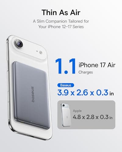 Baseus Picogo Power Bank, 0.3" Ultra Slim 5000mAh MagSafe Battery Pack, Update Polished Alloy Magnetic Portable Charger, Wireless Charger with USB-C Cable for iPhone 17 Pro Max/17 Air/16/15/14/13/12 5