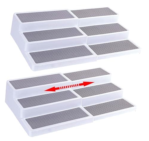 Oizeir Plastic 3-Tier Expandable Spice Rack, Adjustable Length, Stability with Non-Skid Shelf, For Easy Visibility, Organizer for Kitchen Cabinet, Pantry or Countertop, (2-Pack), White/Grey 2