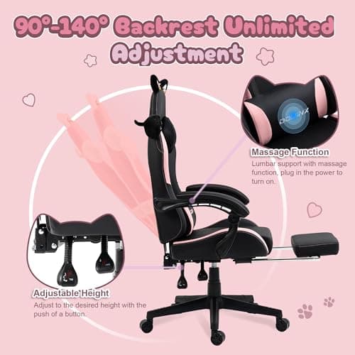 Dowinx Gaming Chair Cute with Cat Ears and Massage Lumbar Support, Ergonomic Computer Chair for Girl with Footrest and Headrest, Comfortable Reclining Game Chair 290lbs for Adult, Teen, Black 6