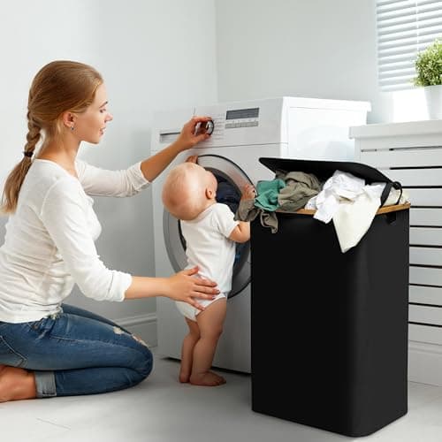 Luxe Laundry Clothing Hamper - 120L Large Laundry Basket with Bamboo Lid & Removable Inner Bag for Dirty Clothes - Free Standing, Tall, Collapsible, High-Capacity & Stylish Design Basket Bin, Black 6
