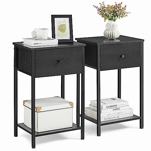VASAGLE Nightstands, Set of 2, Side Table with Fabric Drawer, 24-Inch Tall End Table with Storage Shelf, Bedroom, Black ULGS221B21
