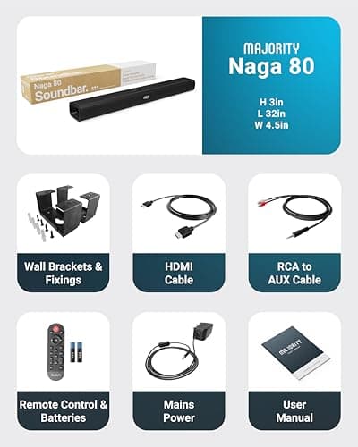 Majority 140W Bluetooth Sound Bar for Smart TV | 31" 2.1 Wireless Soundbar for TV with 3D Sound | TV Speakers Sound Bar with Built in Subwoofer | HDMI, AUX, Optical Compatible Mini Soundbar Naga 80 7