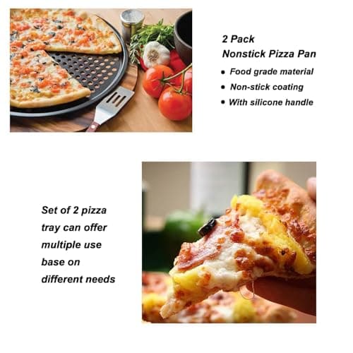 ZOEHROWS 13 Inch Pizza Pan for Oven (2 Pack) Round Pizza Pan with Holes - Non-Stick Carbon Steel Pizza Tray with Silicone Handles - for Cooking, Baking, and Grilling - Dishwasher Safe 5