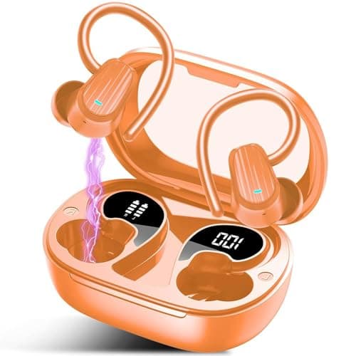 Wireless Earbuds, Headphones Sport Bluetooth 5.4, Over Ear Buds with ENC Noise Canceling Mic, Deep Bass Stereo Earphones with Hook, 50H Playback, LED Display, IP7 Ear Buds for Workout Running, Orange​