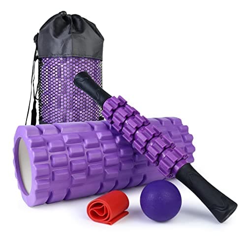 JOYENERGY 5 in 1 Foam Roller Set Trigger Point Foam Roller Patented, Massage Roller Stick, Massage Ball, Stretching Strap for Deep Muscle Massage Pilates Yoga, Fitness Exercise for Whole Body (Purple)