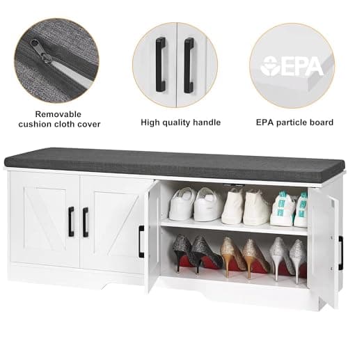 HOMSHO 2-Tier Storage Bench, 47.2" Wide Shoe Bench with Padded Seat Cushion, Entryway Bench with 4 Barn Doors and Adjustable Shelf, White 6