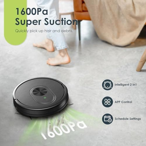 Robot Vacuum and Mop Combo, 3 in 1 Mopping Robotic Vacuum with Schedule, App/Bluetooth/Alexa, 1600Pa Max Suction, Self-Charging Robot Vacuum Cleaner, Slim, Ideal for Hard Floor, Pet Hair, Carpet 5