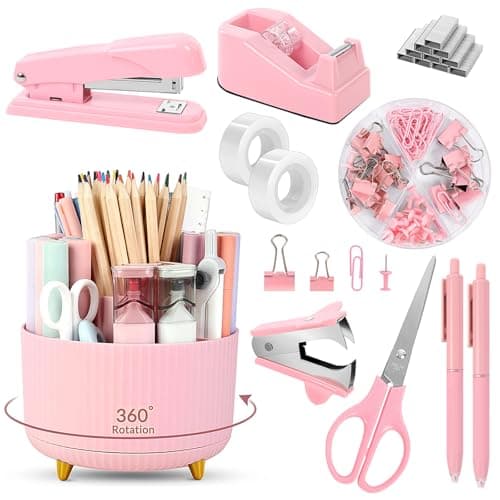 SKYDUE Pink Desk Accessories 10Pcs, Rotating Pen Holder for Desk, Stapler, Staple Remover, Tape Dispenser,2pcs Tape Refills, Binder Paper Clips Kit, Scissor,Pink Office School Supplies