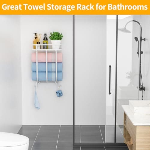 GAGUIUP Towel Racks for Bathroom, Wall Mounted Towel Rack with Metal Shelf & 4 Hanging Hooks, Towel Shelf Towel Storage for Small Bathroom, Can Hold 3 Large Size Rolled Towel Holder Organizer, White 9