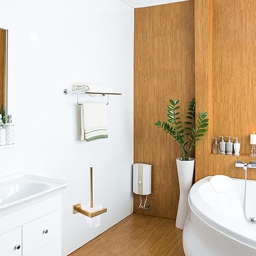 Brixline Upgraded Toilet Cleaner Bowl Brush and Holder Set Wall Mounted Modern Metal Glass Brushed Gold Scrubber Scrub Brushes Wand Household Supplies Essential Heavy Duty Best Home House Accessories 7