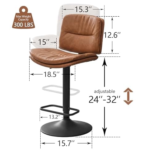 FIRAVOE Swivel Bar Stools Set of 2, Double-Layer Upholstered Counter Height Bar Stools with Back, Adjustable Bar Stool 24"-32", Faux Leather Barstools for Kitchen Island (Brown, 2PCS (24"-32")) 2