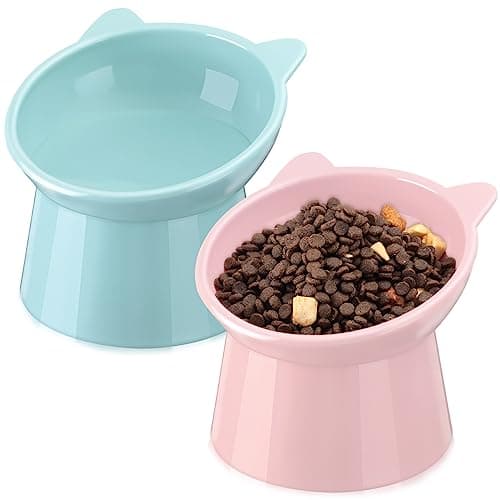 Zhehao 2 Pieces Plastic Raised Bowl Tilted 15 Degrees Elevated Cat Food and Water Bowls Set Anti Vomit Dog Kitten Food Dishes Pet for Cats and Small Dogs(Cat Ears,Light Green, Red)