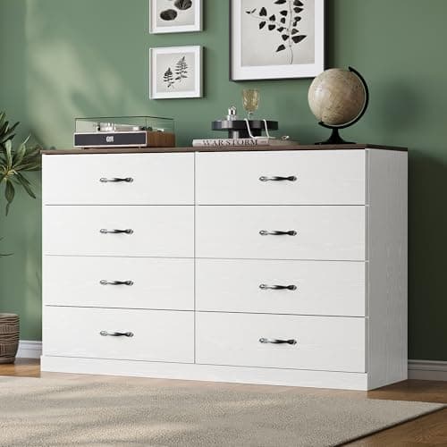 LINSY HOME 8 Drawer Dresser for Bedroom, 54" Wide Chest of Drawers, Modern TV Stand Dressers with Wood Frame and Metal Handles, Large Drawer Organizer for Bedroom, Living Room, White