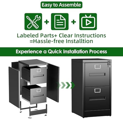 GangMei 2 Drawer Metal Vertical File Cabinet with Lock, Narrow Filing Cabinet with Hanging Letter/Legal/A4 Folders for Home, Office, Assembly Required, Black, 2 Drawers 7