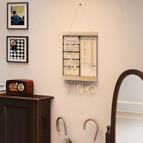 Feyejade Hanging Jewelry Organizer, 5-Tier Wall Earring Holder with Wooden Ring Groove, Jewelry Rack Wall Mounted for Earrings, Necklaces, Bracelets and Rings, Jewelry Holder Stand, Black 8