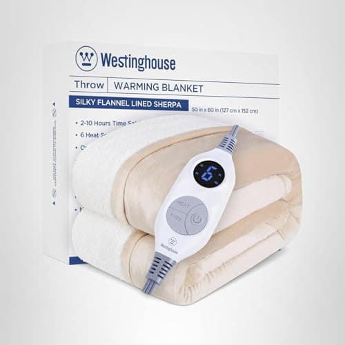 Westinghouse Heated Throw Blanket, Soft Flannel to Sherpa Electric Throw with 6 Heating Levels, 2-10 Hours Time Settings, Fast Heating, Machine Washable 50x60 Inch, Ivory 9