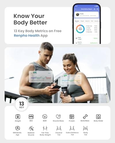 RENPHO Scale for Body Weight, Smart Scale with BMI, Body Fat, Muscle Mass, Bluetooth, 13 Metrics with Large Display, Support App Connection, Black, Elis 2X 4