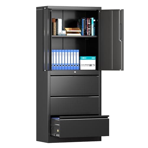 LOCENHU 70.1" H Metal File Cabinets,File Cabinet with Lock and Adjust Shelves,3 Drawers Office Storage Cabinet with Lock for Letter/Legal/F4/A4 Size Files,Black,Assembly Required.
