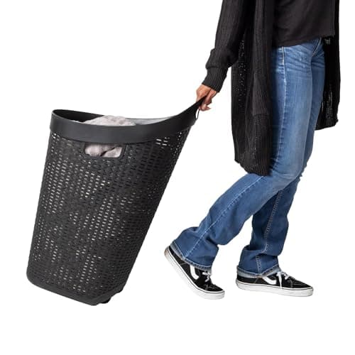 Mind Reader 60L Rolling Laundry Hamper, Clothes Basket, Wheels, Wicker Style, Plastic, 19.5"L x 14.75"W x 29.25"H, Black 5