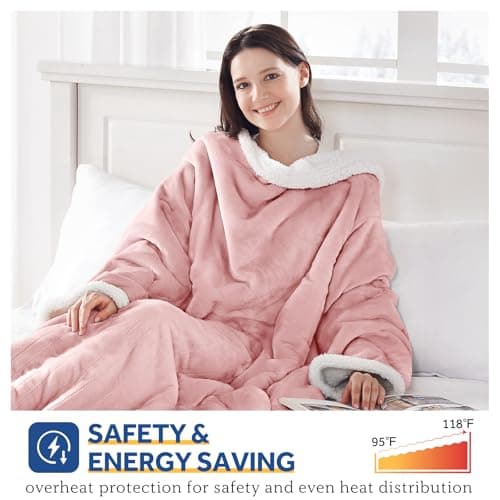 Sealy Electric Blanket Wearable with Foot Pocket, Electric Snuggle Blanket with Sleeves, Flannel & Sherpa Heating Throw with 6 Heat Settings & 2-10 Hours Auto Shut Off, 50 * 70"+18", Pink 5