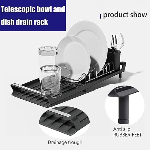 Extendable Dish Drying Rack,Space-Saving Multifunctional Compact Dish Racks for Kitchen Counter,in Sink Small Dish Drying Rack, Auto-Drain Stainless Steel Dish Strainers with Utensil Caddy (Gray) 3