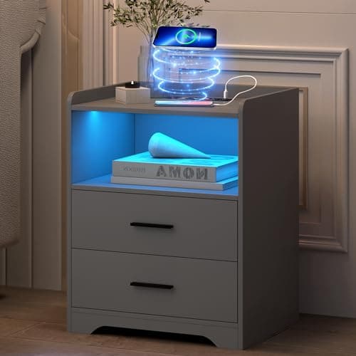 dnbss Grey Night Stand with Wireless Charging Station, Nightstand with 2 Drawers, Smart Bedside Table with 24-Color RGB Lighting, Modern LED Lighted Nightstand for Bedroom 9