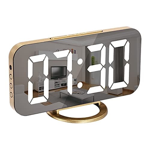 SZELAM Digital Alarm Clock,LED and Mirror Desk Clock Large Display,with Dual USB Charger Ports,3 Levels Brightness,12/24H,Modern Electronic Clock for Bedroom Home Living Room Office - Gold 8