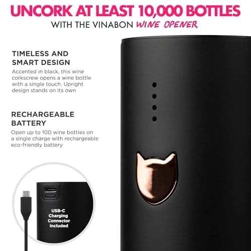 VINABON Electric Wine Opener - Updated 2026 One-Touch Automatic Wine Bottle Opener Corkscrew - Rechargeable (Up to 100 Bottles/Charge) with Foil Cutter Stand, LED Indicator. Includes Wine Guide eBook 5
