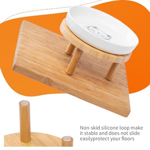 Lusifaco Shallow Elevated Cat Bowls,5.9 Inch Wide Raised Ceramic Cat Dishes with Bamboo Stand, Whisker Friendly Pet Water or Food Plates Feeding Station for Indoor Cats, Kitten(White,Set of 2) 8