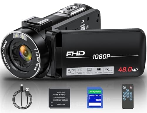 SIRMEUE Video Camera Camcorder, Full HD 1080P Camcorder 48MP 16X Digital Video Camera for YouTube, 3.0 Inch IPS Screen Vlogging Camera Recorder with 32GB Card, Remote Control, and Battery, Black