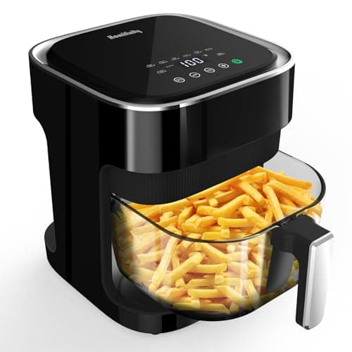 Glass Air Fryer 4.5 Qt, Non-Toxic Borosilicate Glass Basket with 360° View, Upgraded Food-Grade Stainless Steel Tray, 8-in-1 One-Touch Presets, Teflon-Free & Dishwasher Safe, Black