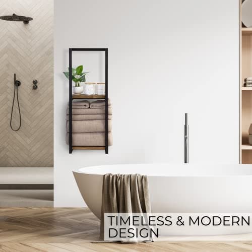 Stylish Bathroom Towel Storage Rack with Wooden Shelves – Modern & Space Saving Organizer for Wall Mount That Easily Holds 8 Large Towels - The Perfect Towel Holder To Enhance Your Bathroom Decor 5