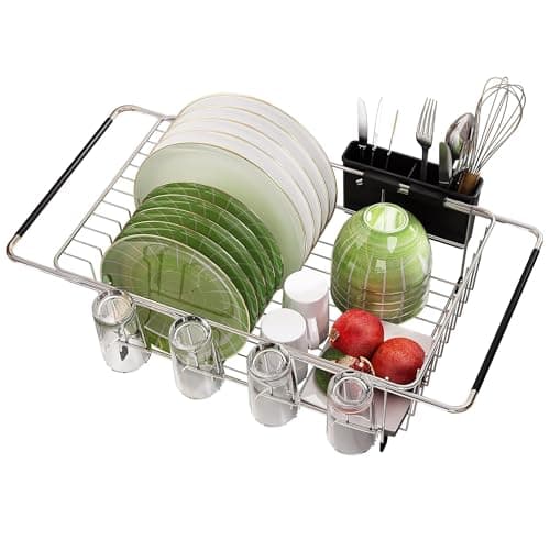 MAJALiS Dish Drying Rack - Use for Countertops & in-Sinks & Over-Sink, Stainless Steel Dish Drainers for Kitchen Counter, Inside Dish Dryer Racks, 10.4''W x 15.5''~23.5''L, Silver
