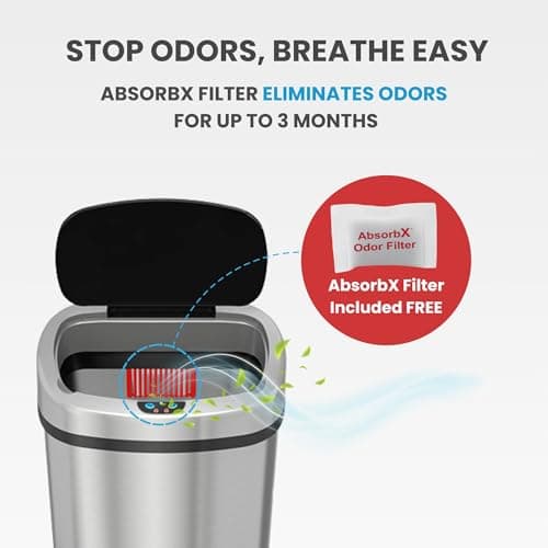iTouchless 13 Gallon Oval Sensor Trash Can with Odor Filter, 50 Liter Automatic Kitchen Garbage Bin, Fingerprint-Proof Stainless Steel, Smart Hands-Free Motion Lid, Quiet Soft-Close, Brushed Silver 5