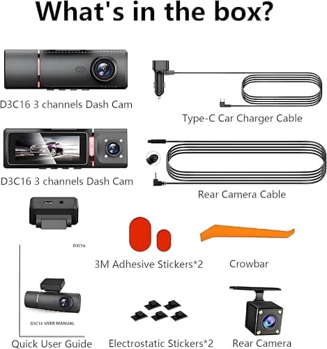 3 Channel 4K Dash Cam Front, 1080P Dash Camera Rear and Inside for Cars with 3.16 IPS Screen, 64GB Card, G-Sensor, 24Hr Parking, App Control,Loop Recording, Night Vision,Support 256GB Max 8