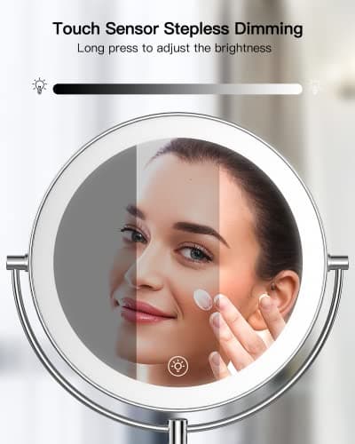 Gospire 9” Wall Mounted Lighted Magnifying Mirror, 1X/10X Magnification Double-Sided LED Bathroom Mirror, 3 Color Lights & Stepless Dimming with Touch Sensor, Extendable Arm 360° Swivel for Shaving 5