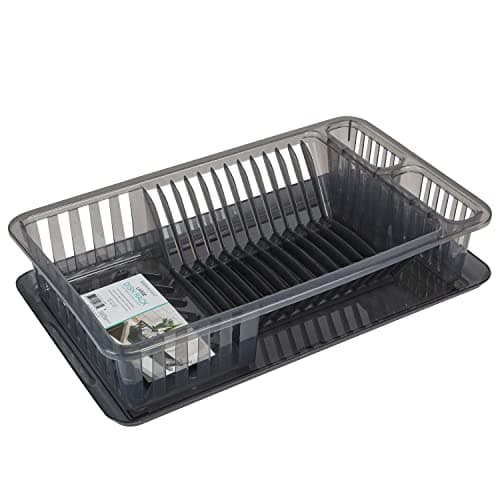 Kitchen Details Medium Dish Rack with Tray | Plastic | Dimensions: 18.50 X 11.02 X 3.54 Inches | 12 Plate | Kitchen Accessories | Cutlery Basket | Grey | Sink Accessories