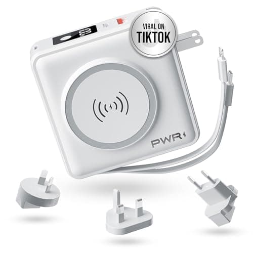 PWRMobile PWR Travel PRO 5-in-1 Power Bank – 10,000mAh with Built-in Cables – 20W USB-C + 15W Wireless Charging – Compact Portable Charger for iPhone & Android - White