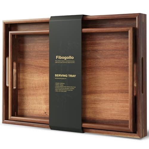 Fibogollo Set of 2 Acacia Wood Serving Tray with Handles,Decorative Trays Platter,Breakfast Tray in Bed,Food Drinks Tray for Eating,Working,Storing(Brown)