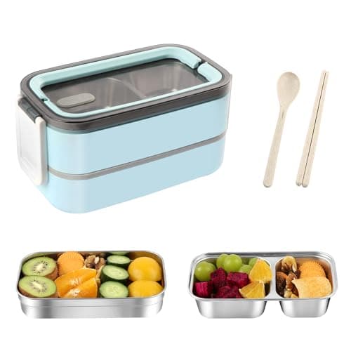 Tinaforld Adult Bento Box Lunch Box,All-in-one 2 Layers Stainless Steel Insulated Lunch Containers,47OZ Large Capacity Leakproof Thermal Food Containers for Men,Women(Blue)
