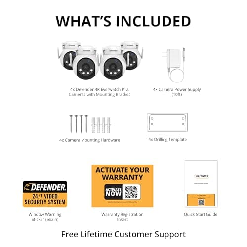 Defender AI Powered 4K Everwatch PTZ Plug in Outdoor Camera, AI Human/Vehicle Detection, WiFi 6/Bluetooth Wireless Camera, Color Night Vision, Deterrence, Mobile App, 4 x 64GB SD Card, 4 Pack 9