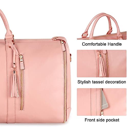 Ytonet Garment Duffle Bags for Travel, Convertible Carry On Garment Bag for Women, Large PU Leather Foldable Travel Bag with Shoe Pouch, 2 in 1 Hanging Suitcase Dress Suit Travel Bags, Pink 6