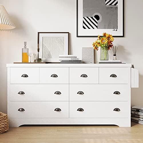 LIKIMIO Dresser 8 Drawer with Charging Station and Storage Bag, Stand Wood Storage Chest of Drawers for Bedroom Living Room Hallway Entryway, White