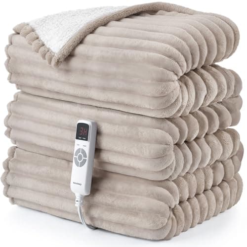 Hansleep Heated Blanket Electric Blanket Throw, Heating Blanket with 9 Heating Levels and 10-Hour Timer Auto Shut Off, Washable Soft Warm Winter Blanket, 50 x 60 Inches, Linen