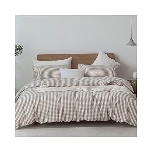 F.Y.Dreams 100% Washed Cotton Duvet Cover for Weighted Blanket 60x80 inches with 16 Ties, Zipper on Long Side/Khaki and White Grid/Just Duvet Cover