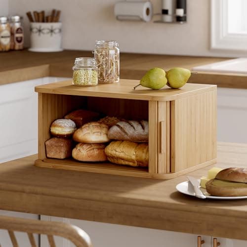 WOWLIVE Bread Box for Kitchen Countertop, Large Roll Top Bread Boxes with Sliding Door, Airtight Bread Storage Container for Loaves, Pastries & Bagels, Bamboo Counter Organizer (Natural, Medium) 6