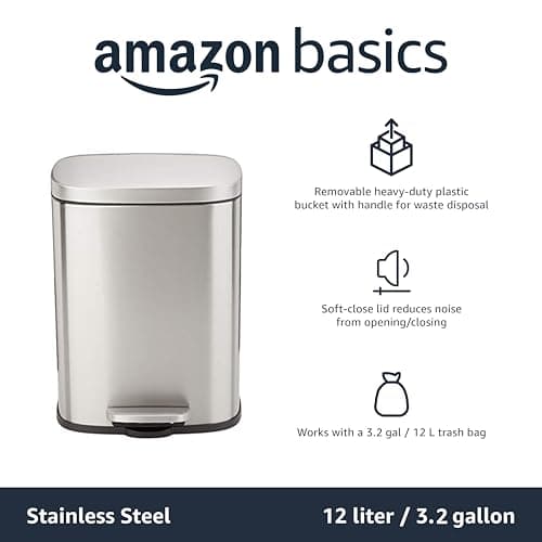 Amazon Basics Smudge Resistant Small Rectangular Step Pedal Trash Can with Soft-Close Lid, Removable Inner Bucket, Brushed Stainless Steel, 12 Liter/3.1 Gallon, Satin Nickel Finish 5