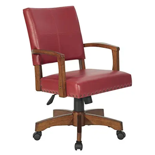OSP Home Furnishings Deluxe Wood Banker's Chair with Antique Bronze Nailheads and Medium Brown Wood, Red Faux Leather